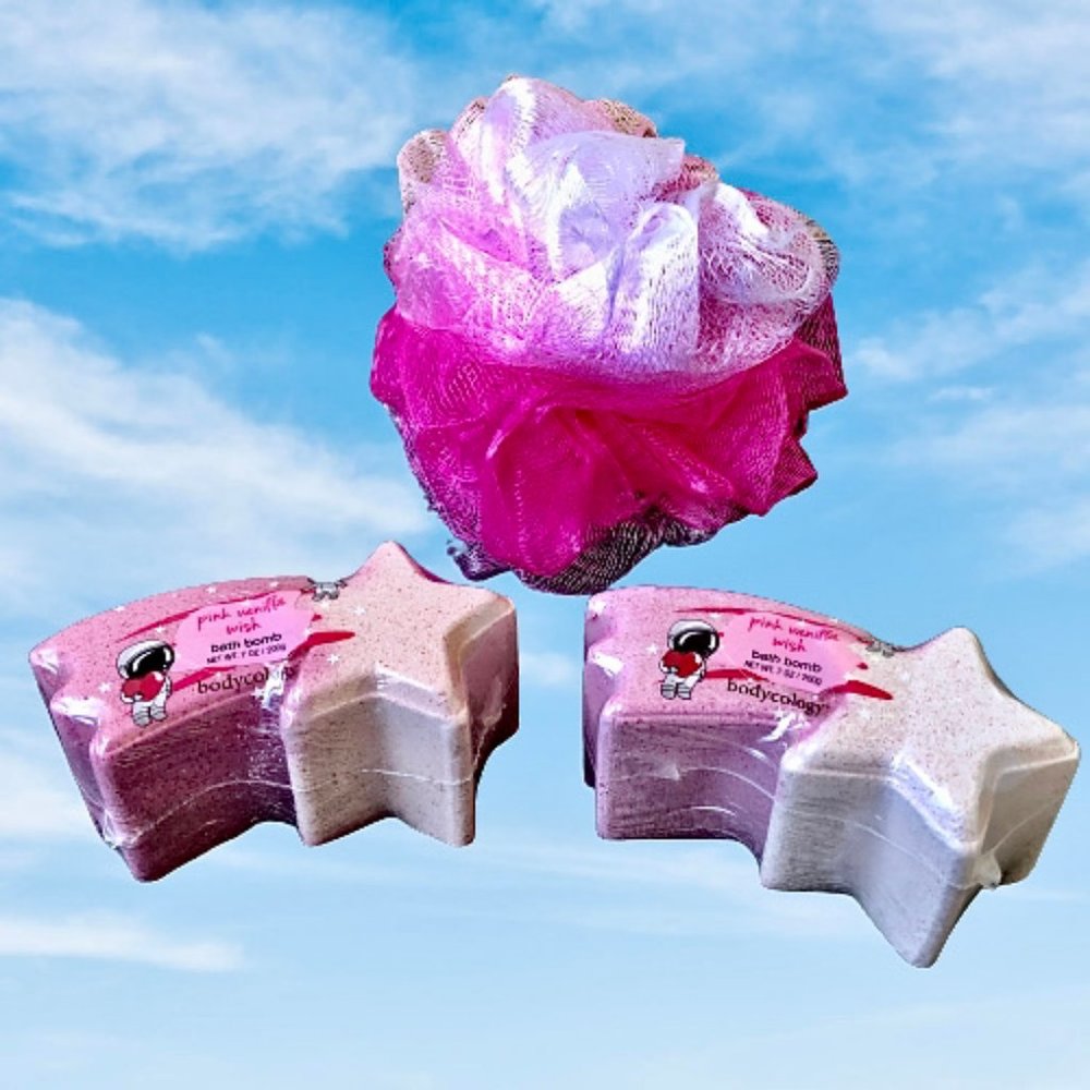BATH BOMB Bodycology Pink Vanilla Wish Shooting Star + Puff Sponge Ball …